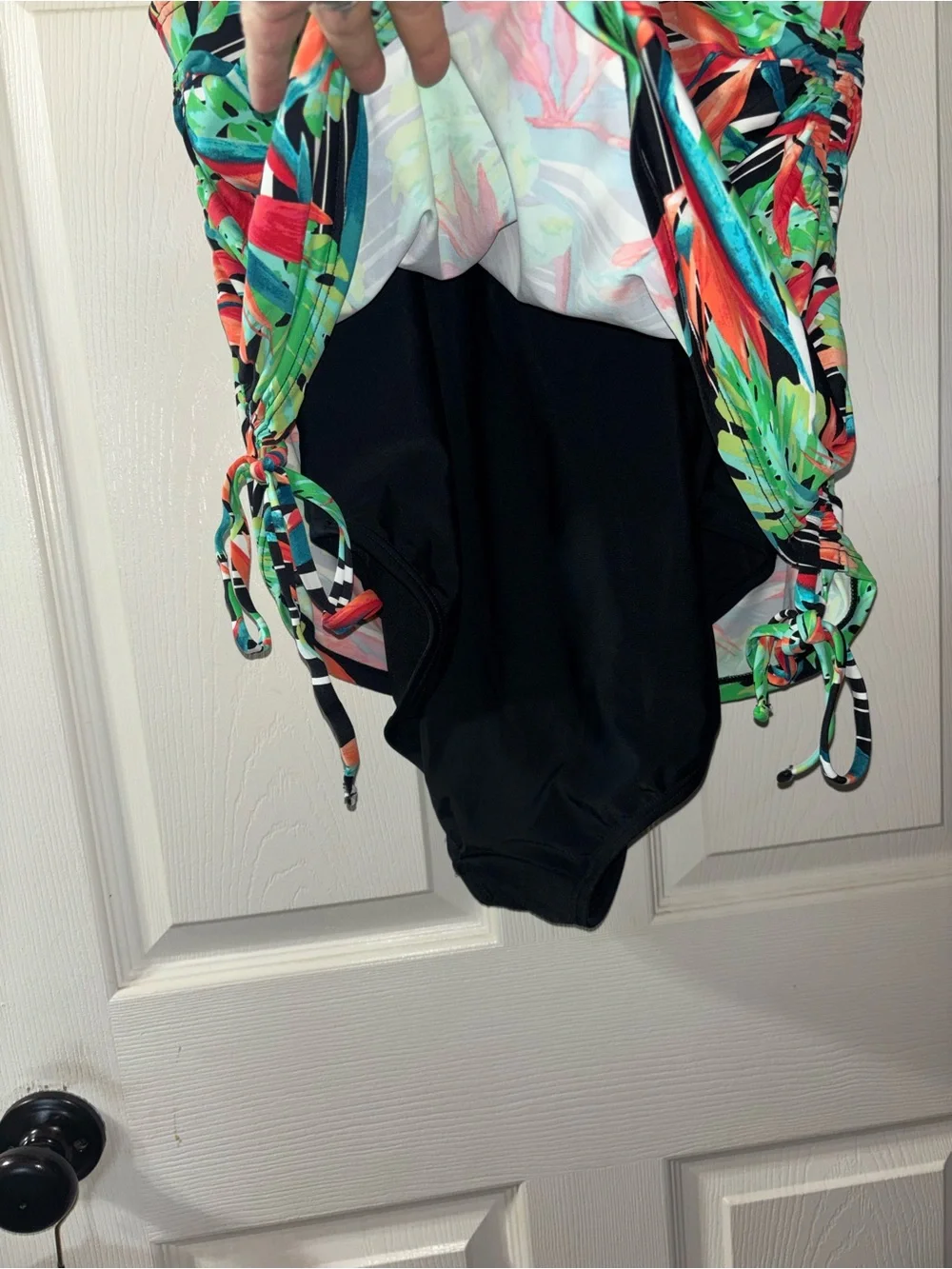 St. John's Bay Black One-Piece with Teal & Coral Tropical Accents